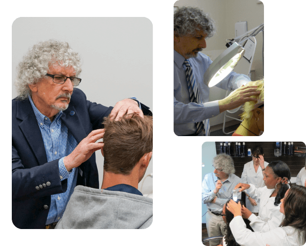 Tricólogo examinando el cuero cabelludo y práctica clínica IAT